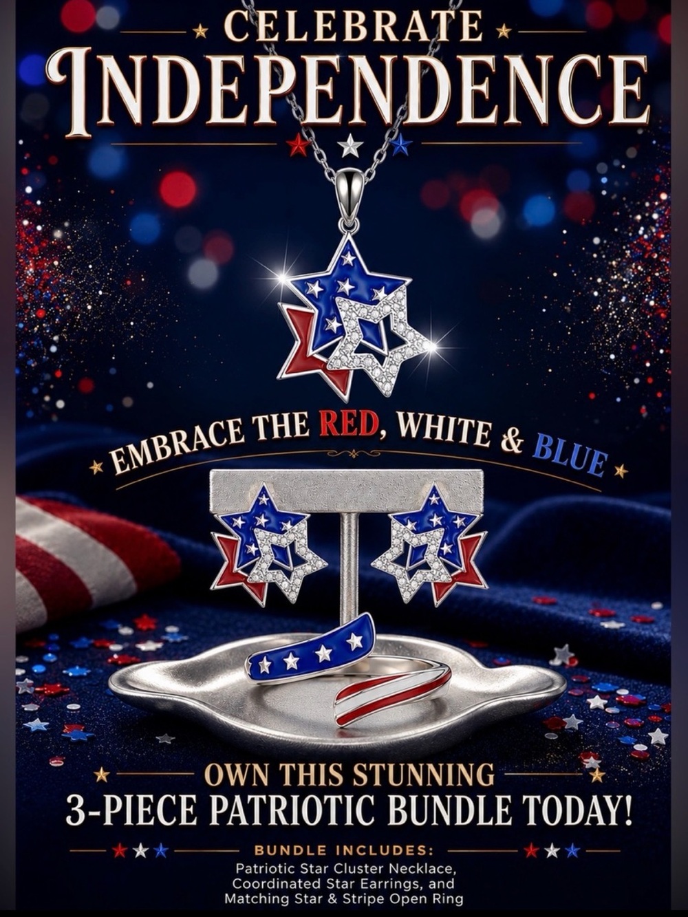 Patriotic Jewelry Set. Includes: Earrings, Necklace & Ring. Blue, Red & Silver
